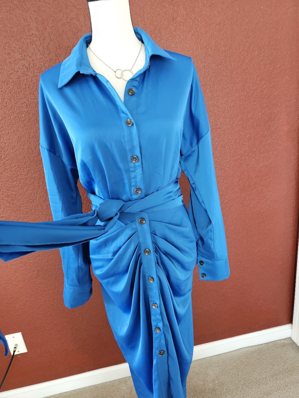 Asymmetrical Blue Satin Button-Front Dress with Waist Tie - Picture 4 of 13